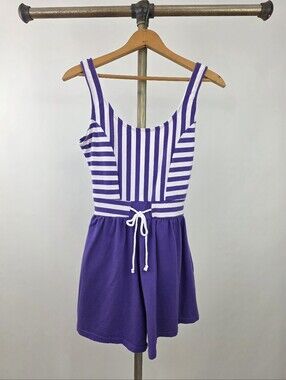 Vintage 80's Sunstreak Purple White Striped Sleeveless Romper Playsuit Size 10